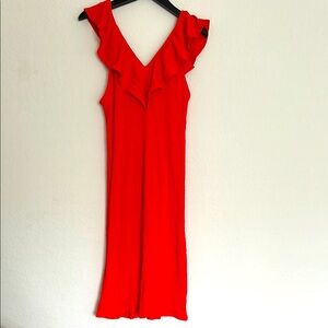 Zara - Red Orange Ruffle Midi Stretch Bodycon Dress